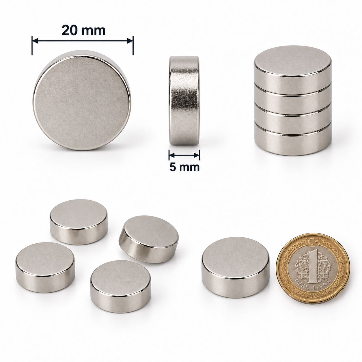 20x5 mm Yuvarlak Güçlü Neodyum Mıknatıs (Çap 20mm Kalınlık 5 mm)