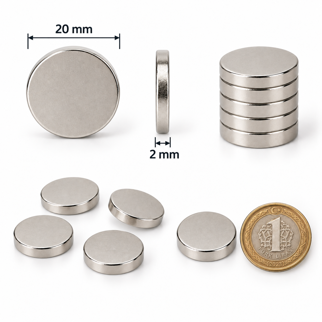 20x2 mm Yuvarlak Güçlü Neodyum Mıknatıs (Çap 20mm Kalınlık 2 mm)