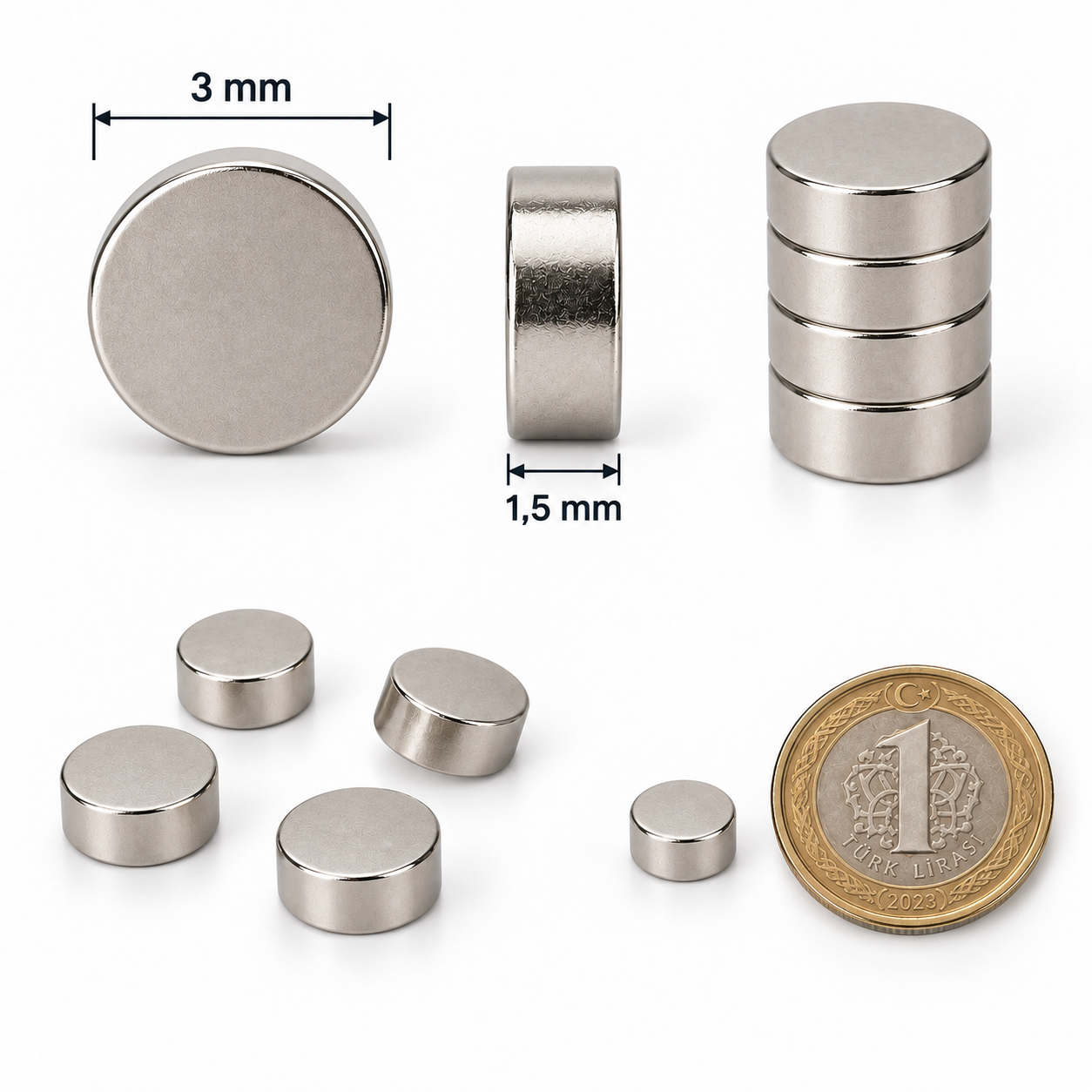 3X1,5 mm Yuvarlak Neodyum Mıknatıs 3 mm çap 1,5 mm kalınlık