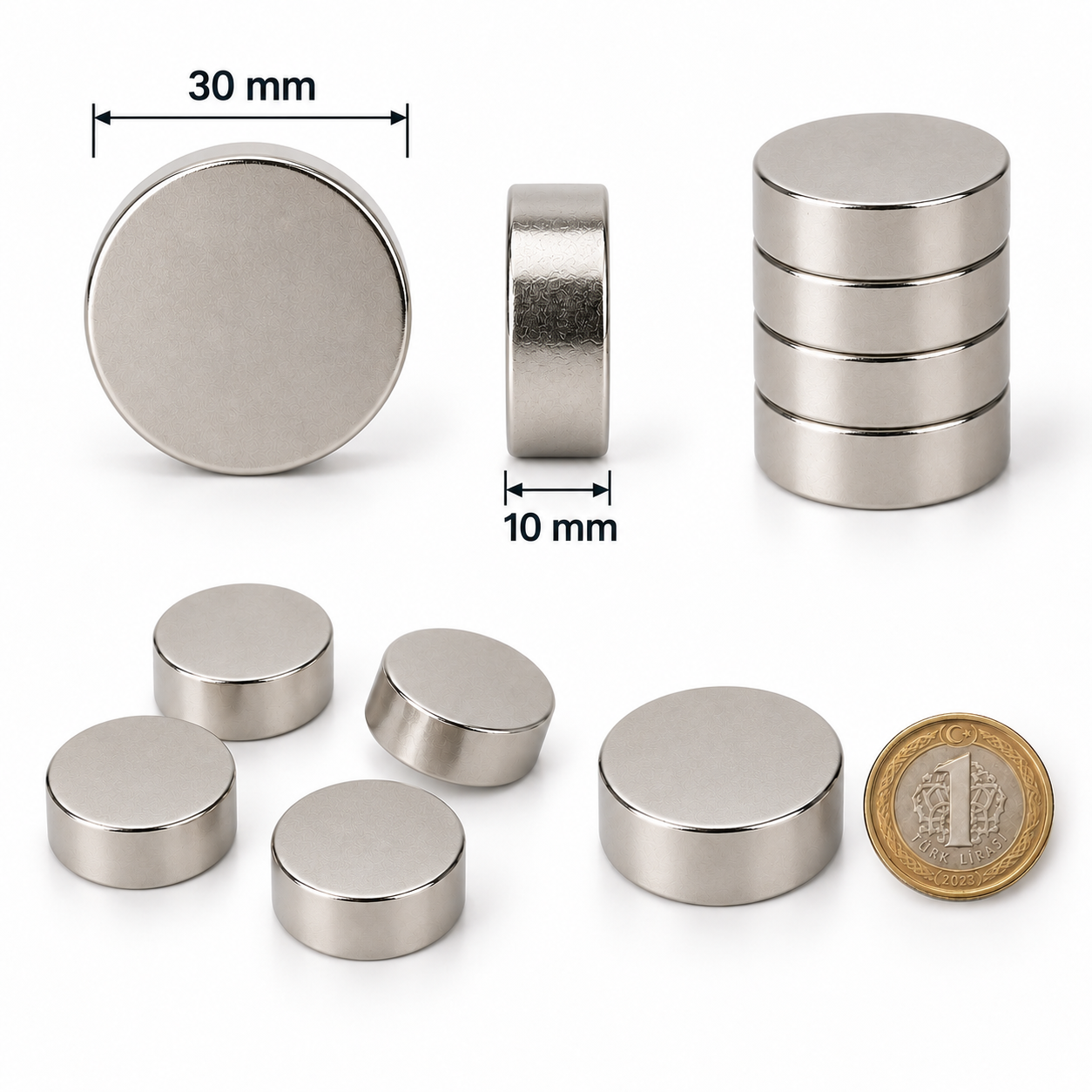 30x10 mm Yuvarlak Güçlü Neodyum Mıknatıs (Çap 30 mm Kalınlık 10 mm)