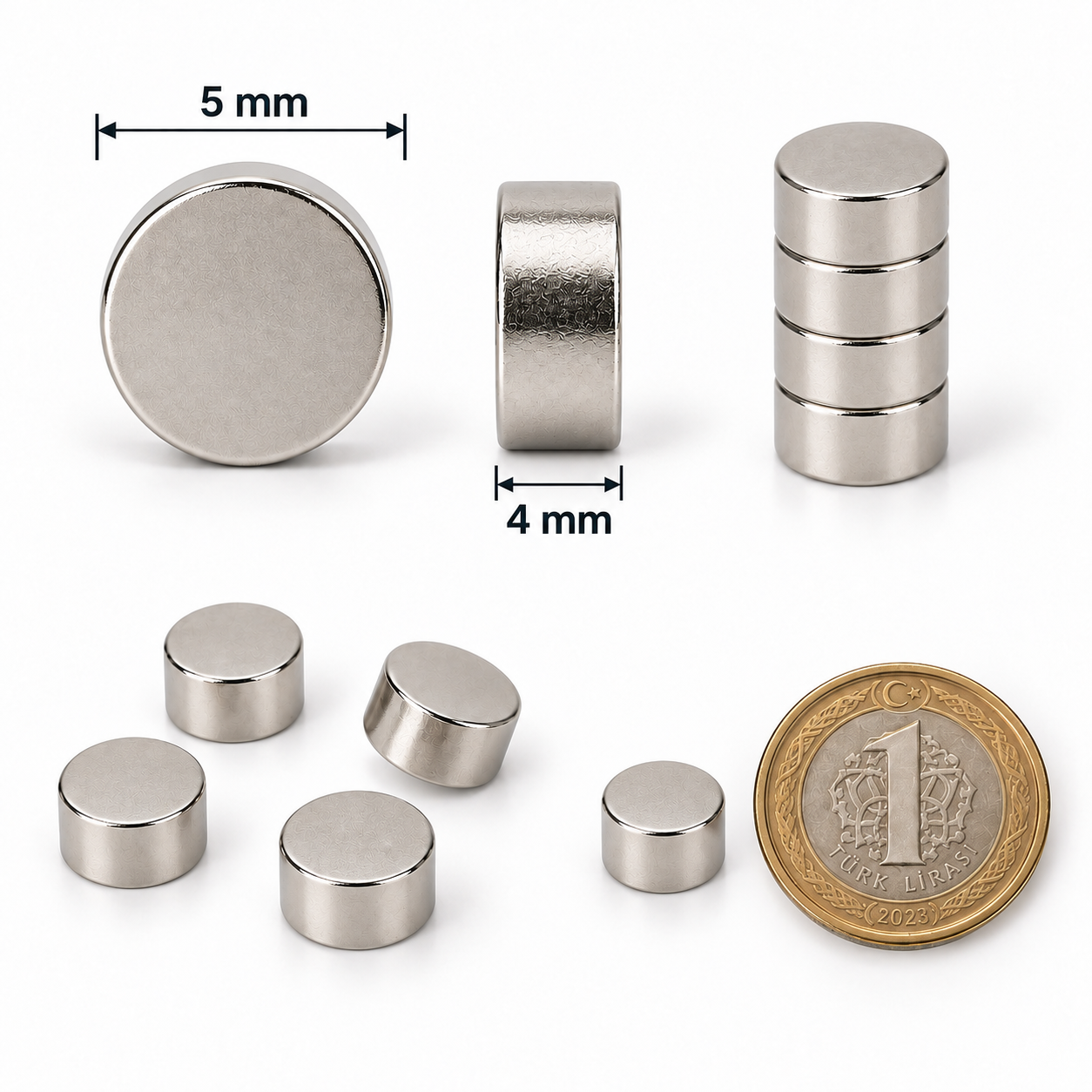 5x4 mm Yuvarlak Güçlü Neodyum Mıknatıs (Çap 5mm Kalınlık 4mm)