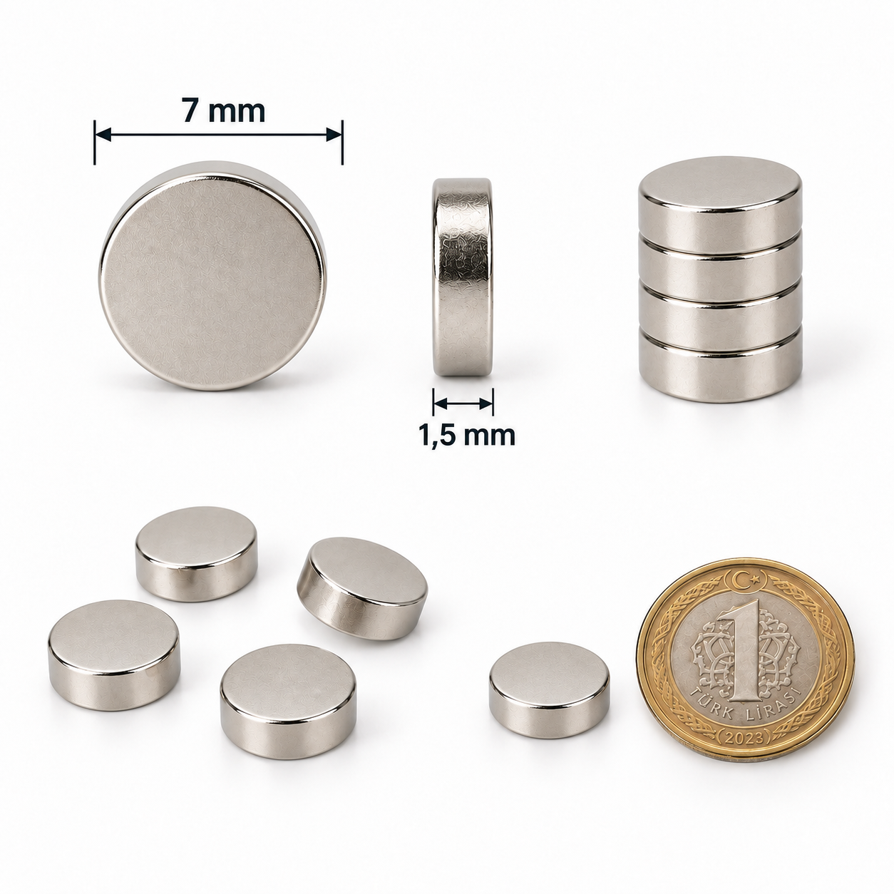7x1,5 mm Yuvarlak Güçlü Neodyum Mıknatıs (Çap 7mm Kalınlık 1,5mm)