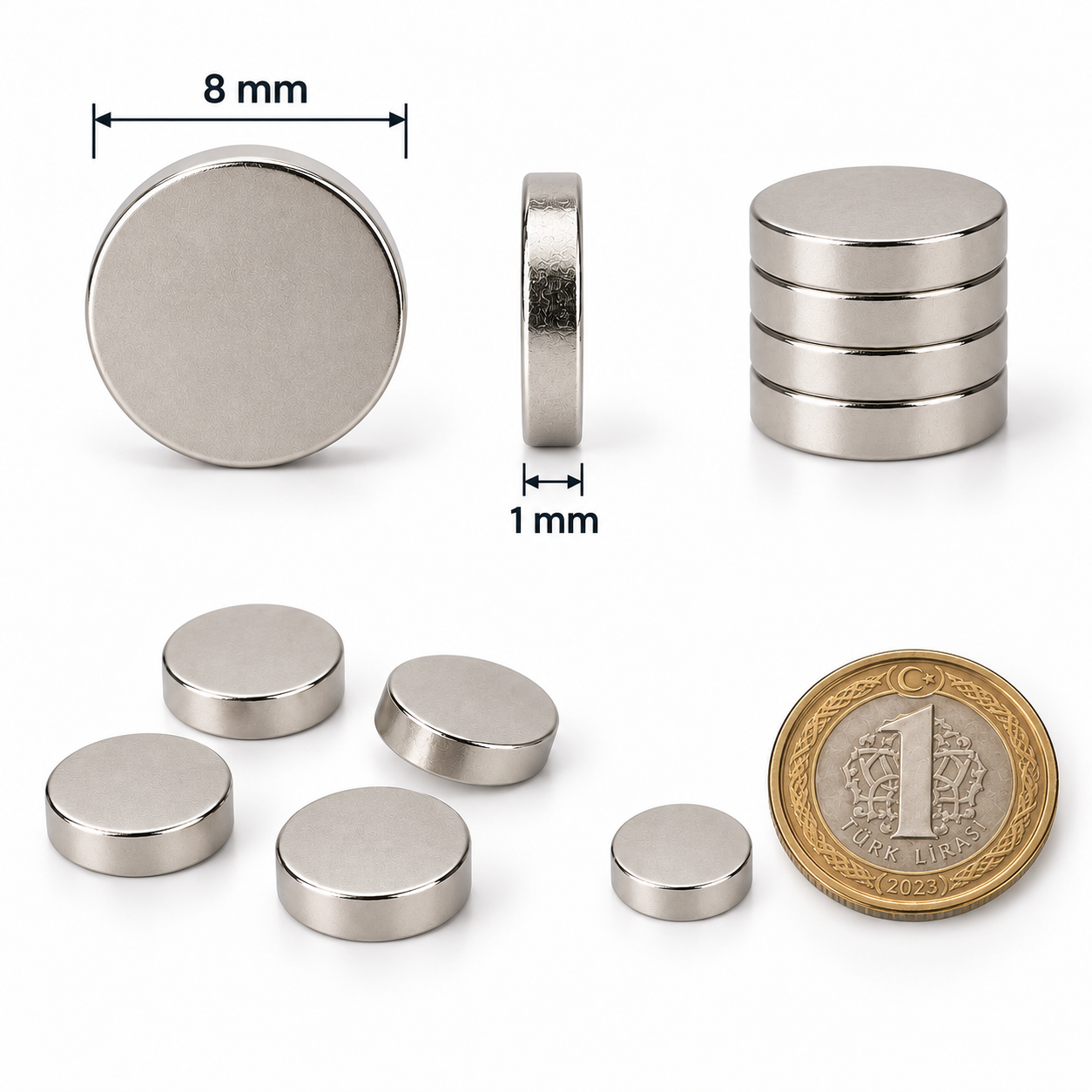 8x1 mm Yuvarlak Güçlü Neodyum Mıknatıs (Çap 8mm Kalınlık 1mm)