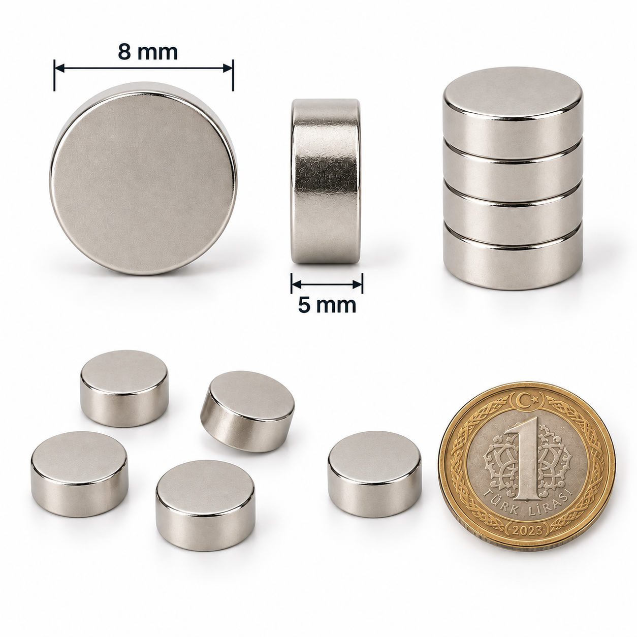 8x5 mm Yuvarlak Güçlü Neodyum Mıknatıs (Çap 8mm Kalınlık 5 mm)
