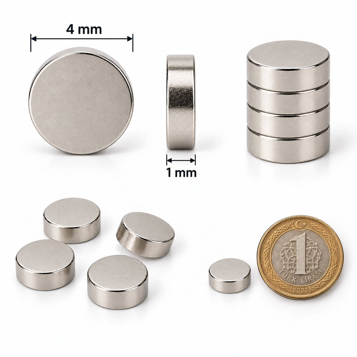 4x1 mm Yuvarlak Neodyum Mıknatıs, 4 mm Çap 1 mm Kalınlık