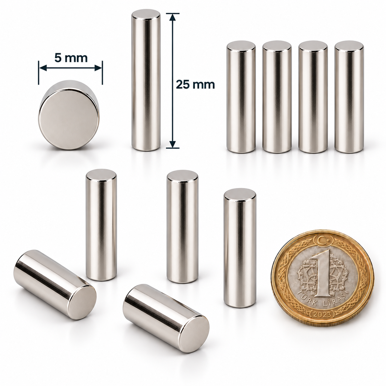 5x25 mm Yuvarlak Güçlü Neodyum Mıknatıs (Çap 5mm Kalınlık 25mm)