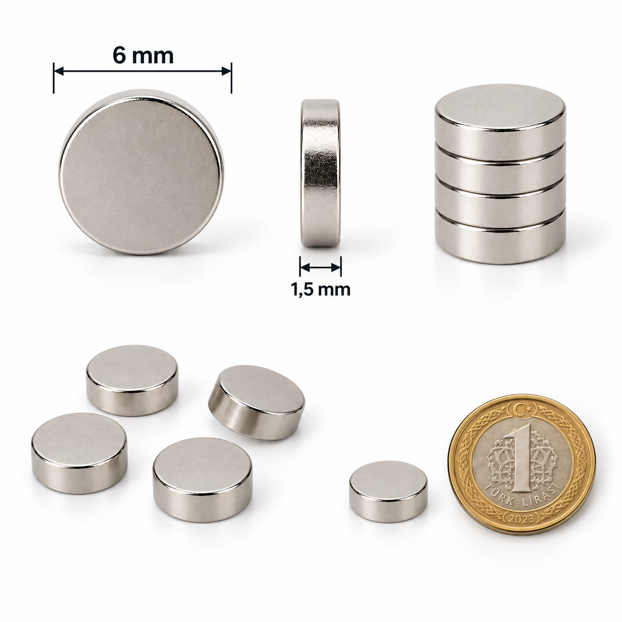 6x1,5 mm Yuvarlak Güçlü Neodyum Mıknatıs (Çap 6mm Kalınlık 1,5mm)