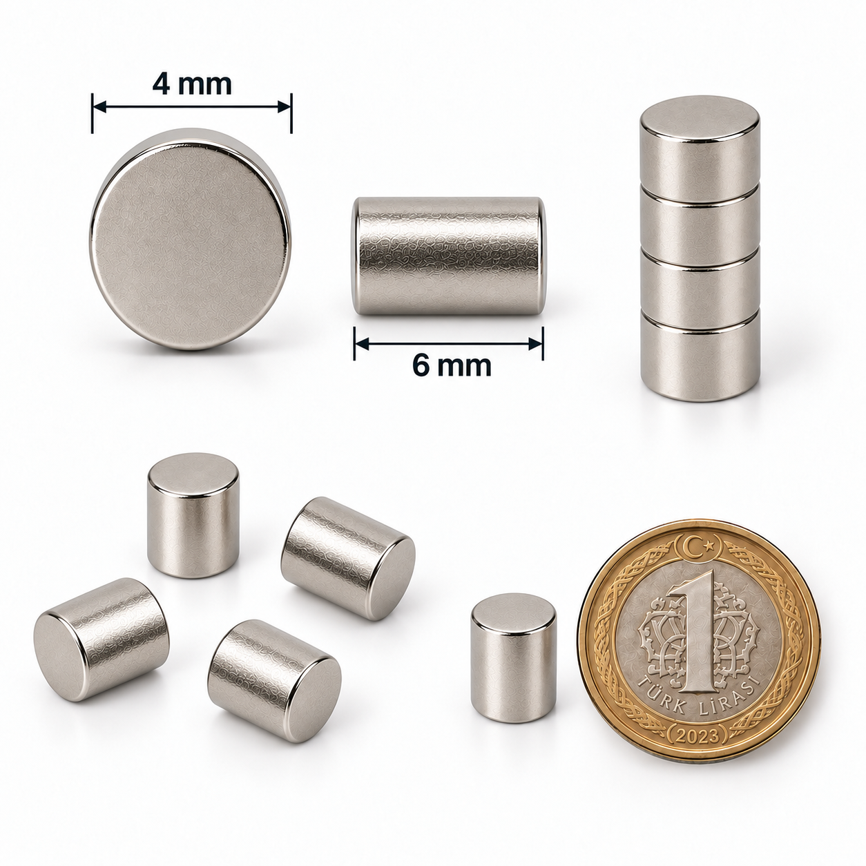 4x6 mm Yuvarlak Güçlü Neodyum Mıknatıs (Çap 4 mm Kalınlık 6 mm)
