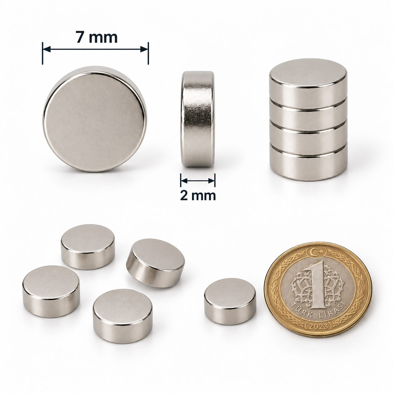 7x2 mm Yuvarlak Güçlü Neodyum Mıknatıs (Çap 7mm Kalınlık 2mm)