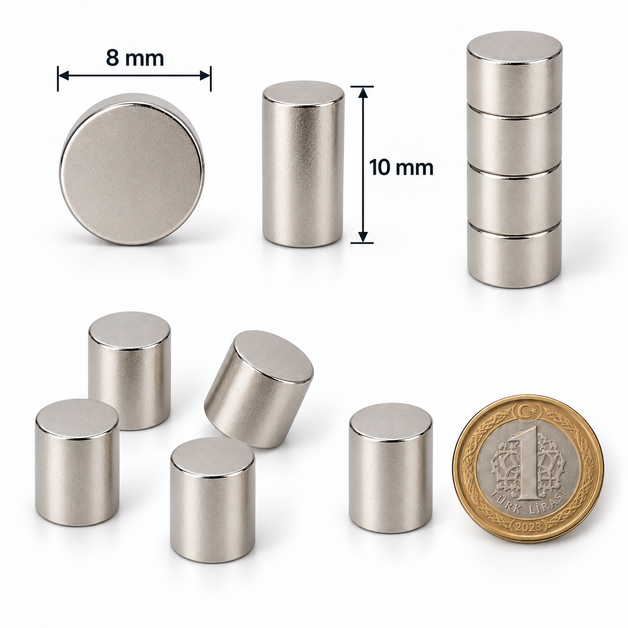 8x10 mm Yuvarlak Güçlü Neodyum Mıknatıs (Çap 8mm Kalınlık 10 mm)