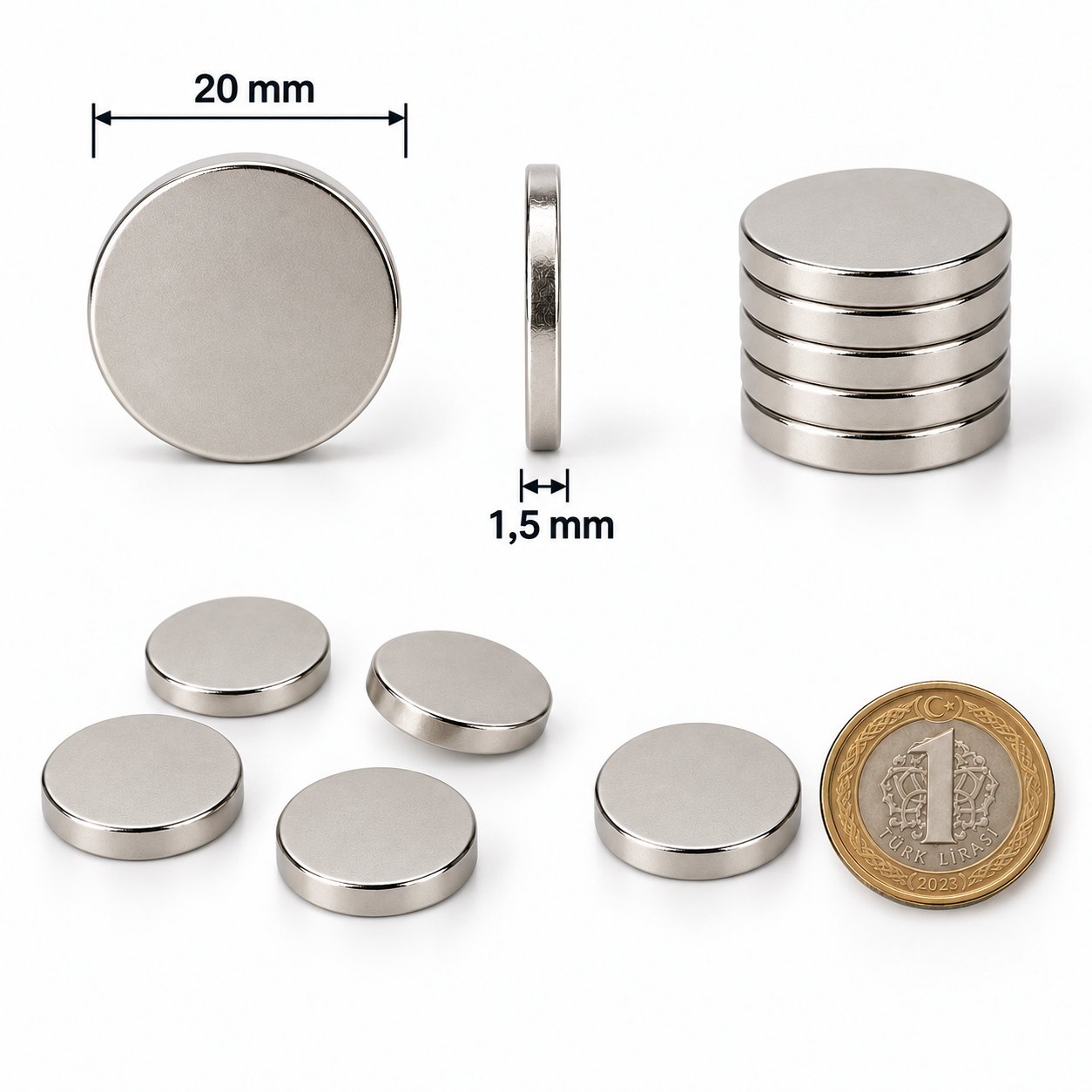 20x1,5 mm Yuvarlak Güçlü Neodyum Mıknatıs (Çap 20mm Kalınlık 1,5 mm)