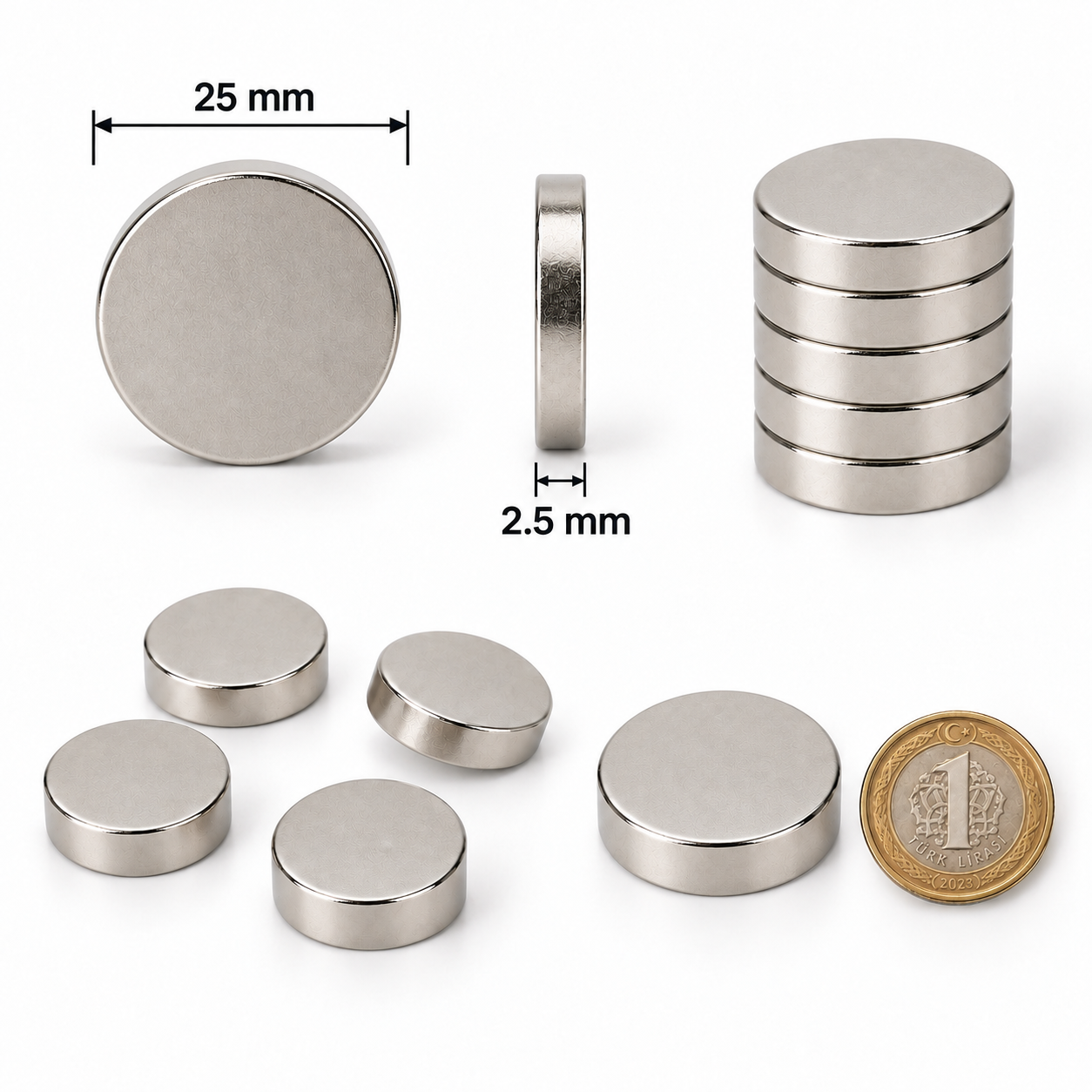 25x2,5 mm Yuvarlak Güçlü Neodyum Mıknatıs (Çap 25 mm Kalınlık 2,5 mm)
