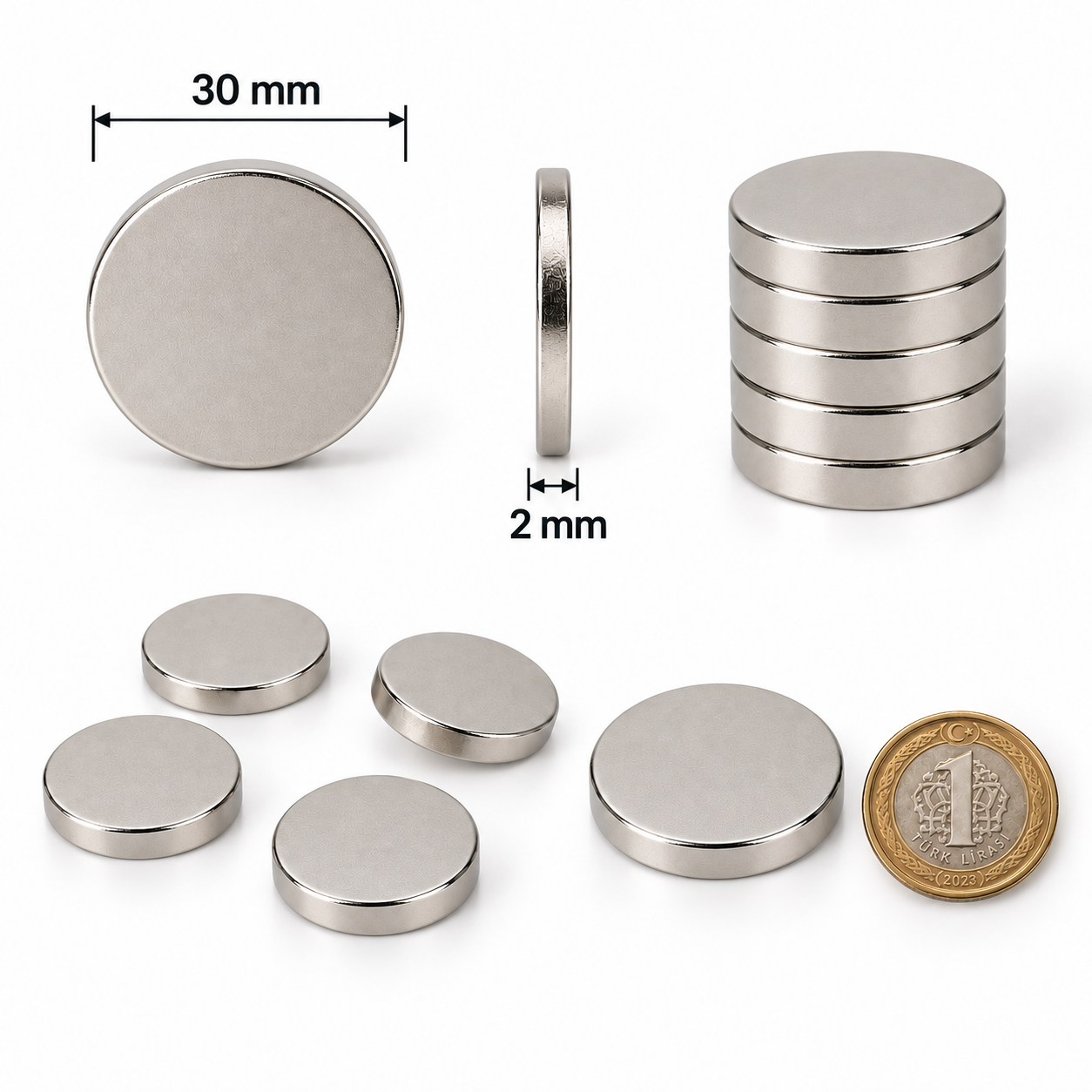 30x2 mm Yuvarlak Güçlü Neodyum Mıknatıs (Çap 30 mm Kalınlık 2 mm)