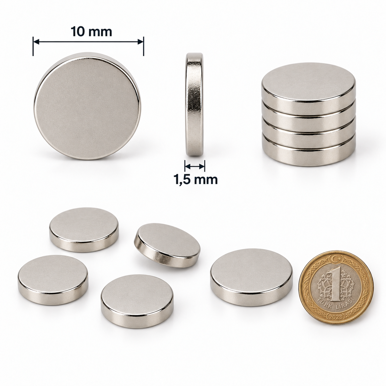 10x1,5 mm Yuvarlak Güçlü Neodyum Mıknatıs (Çap 10mm Kalınlık 1,5mm)