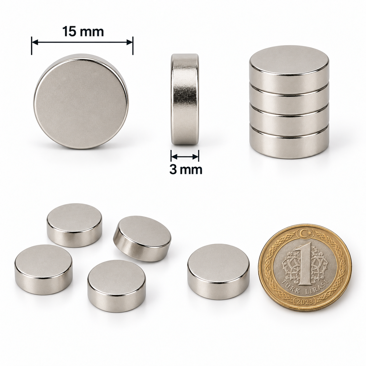 15x3 mm Yuvarlak Güçlü Neodyum Mıknatıs (Çap 15mm Kalınlık 3mm)