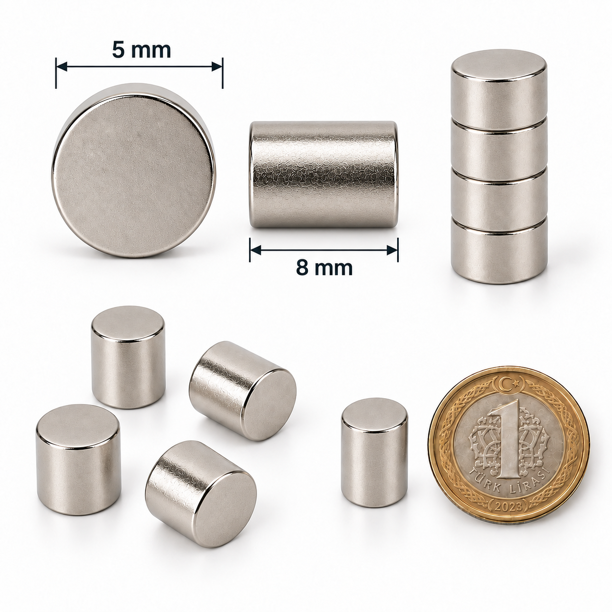 5x8 mm Yuvarlak Güçlü Neodyum Mıknatıs (Çap 5mm Kalınlık 8mm)