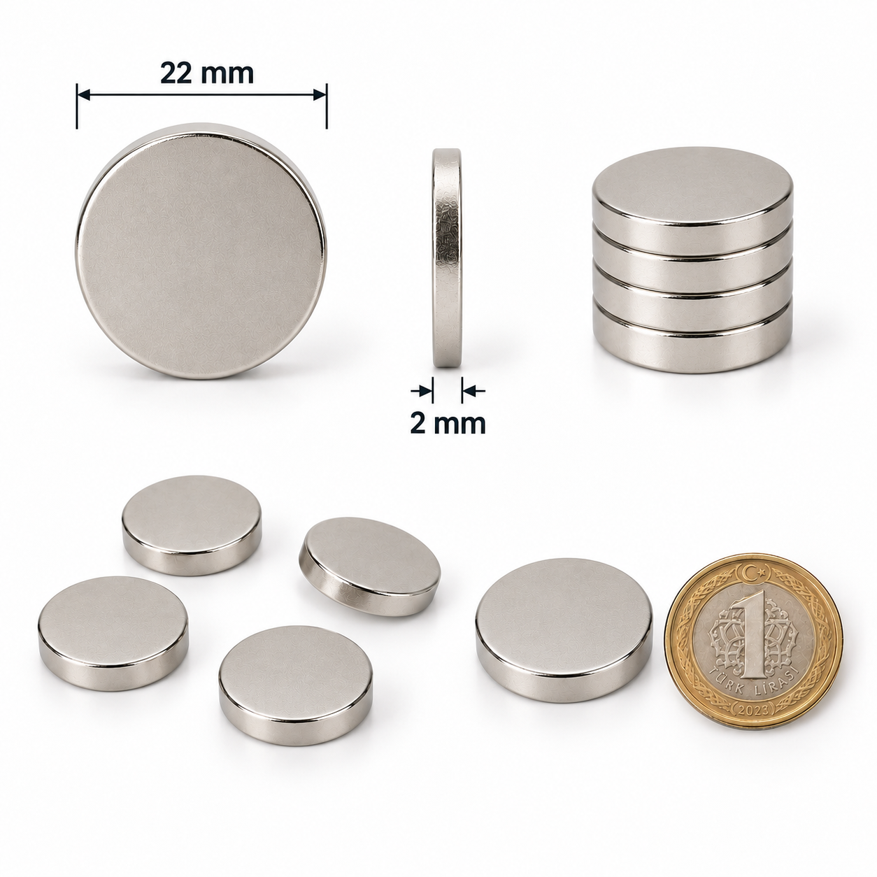 22x2 mm Yuvarlak Güçlü Neodyum Mıknatıs (Çap 22 mm Kalınlık 22 mm)