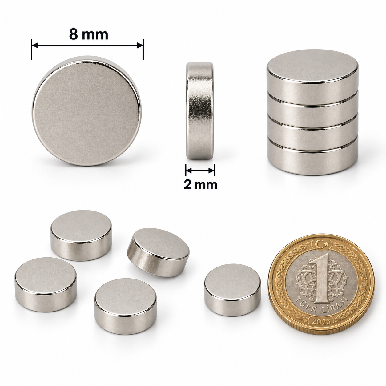 8x2 mm Yuvarlak Güçlü Neodyum Mıknatıs (Çap 8mm Kalınlık 2 mm)