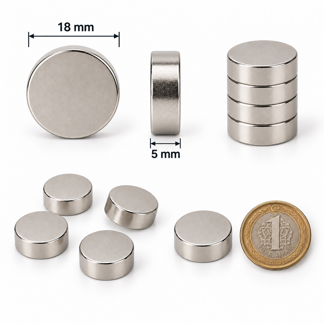 18x5 mm Yuvarlak Güçlü Neodyum Mıknatıs (Çap 18mm Kalınlık 5 mm)