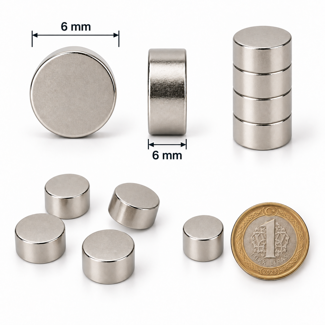 6x6 mm Yuvarlak Güçlü Neodyum Mıknatıs (Çap 6mm Kalınlık 6mm)
