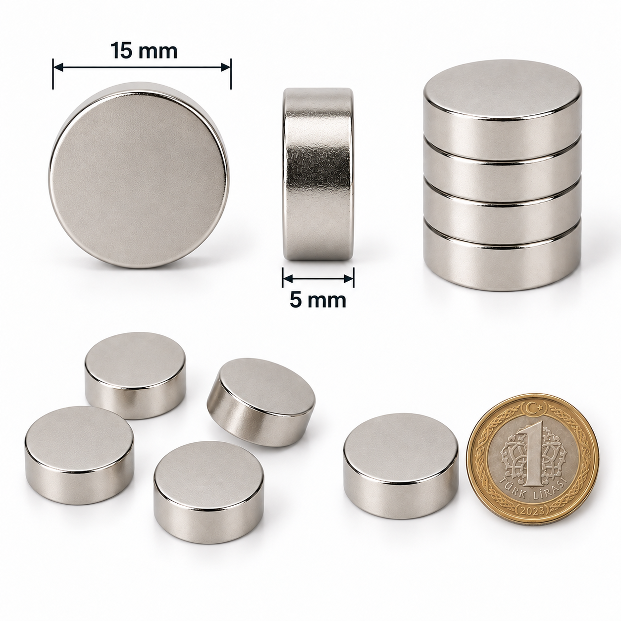 15x5 mm Yuvarlak Güçlü Neodyum Mıknatıs (Çap 15mm Kalınlık 5mm)
