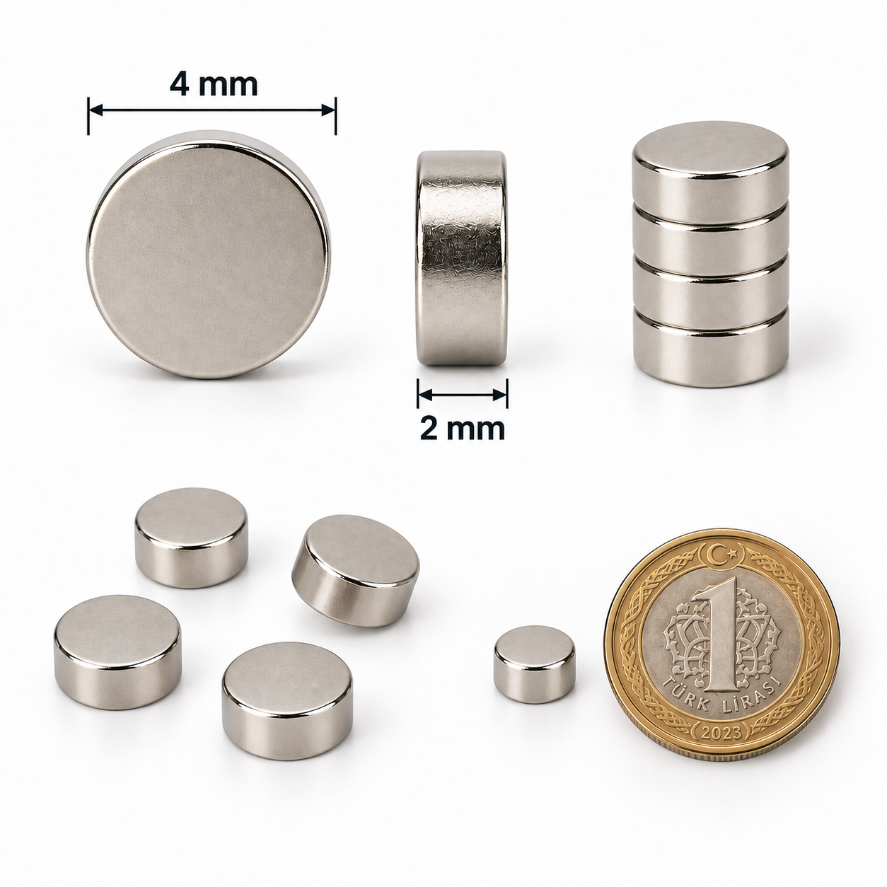 4x2 mm Yuvarlak Güçlü Neodyum Mıknatıs (Çap 4 mm Kalınlık 2 mm)