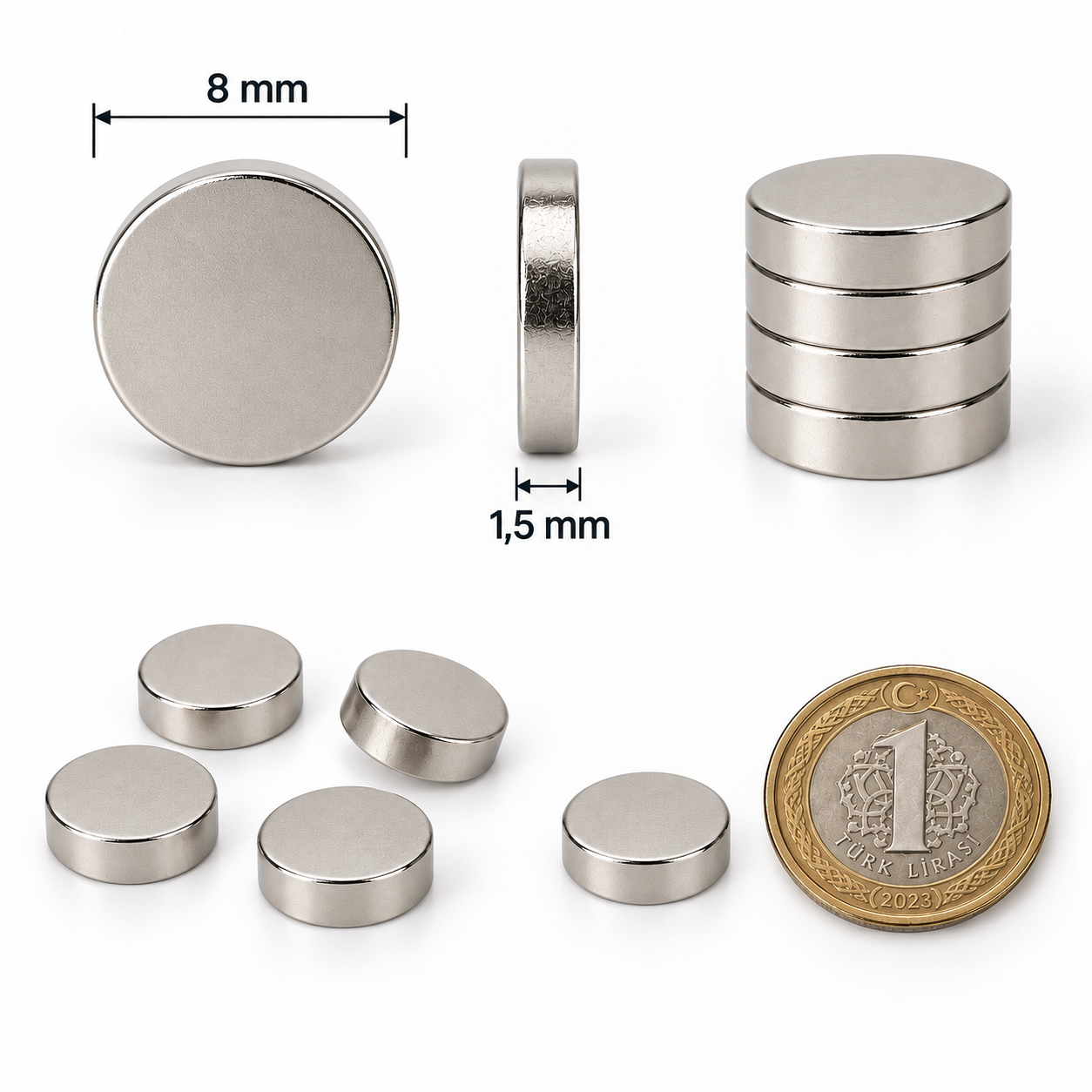 8x1,5 mm Yuvarlak Güçlü Neodyum Mıknatıs (Çap 8mm Kalınlık 1,5 mm)