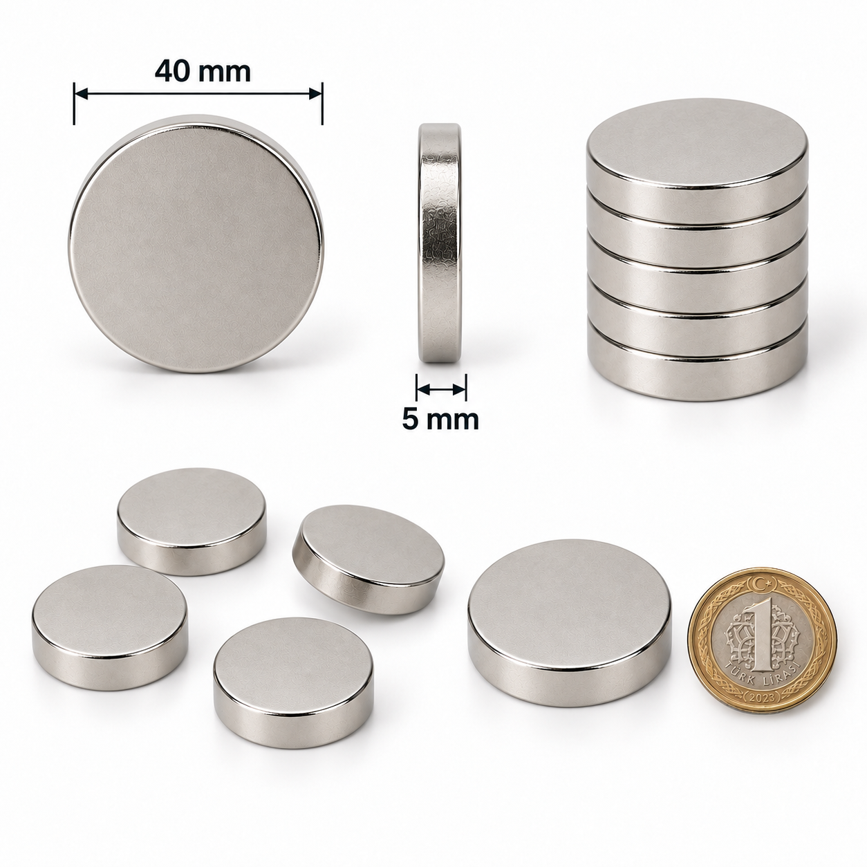 40x5 mm Yuvarlak Güçlü Neodyum Mıknatıs (Çap 40 mm Kalınlık 5 mm)