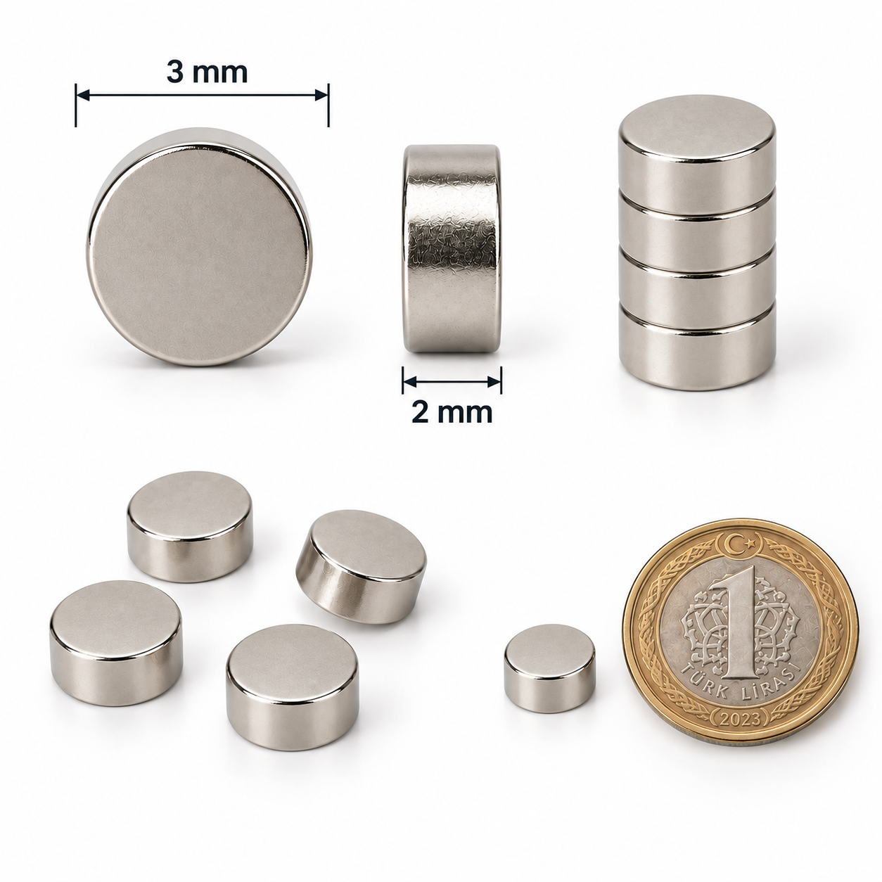 3x2 mm Yuvarlak Süper Güçlü Neodyum Mıknatıs çap 3 mm kalınlık 2 mm