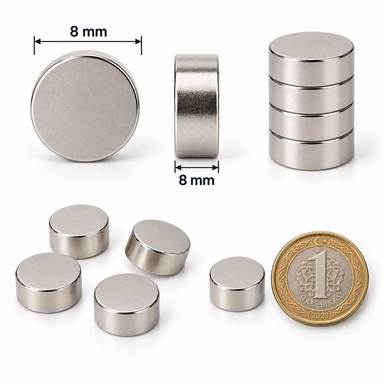 8x8 mm Yuvarlak Güçlü Neodyum Mıknatıs (Çap 8mm Kalınlık 8 mm)