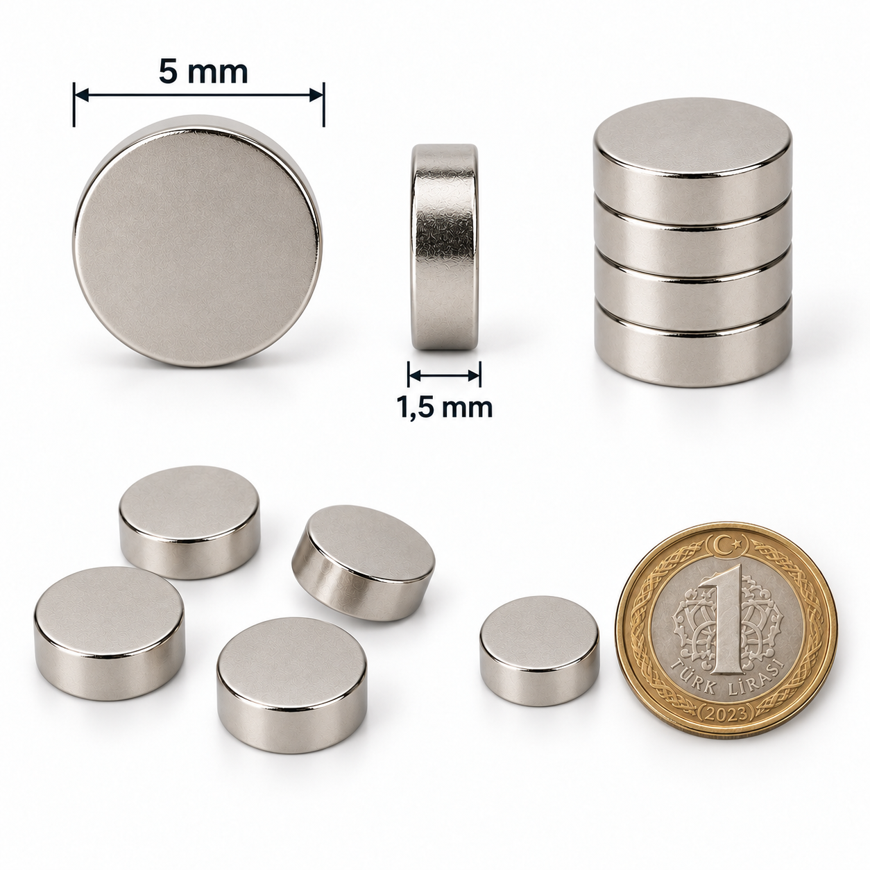 5x1,5 mm Yuvarlak Güçlü Neodyum Mıknatıs (Çap 5 mm Kalınlık 1,5 mm)