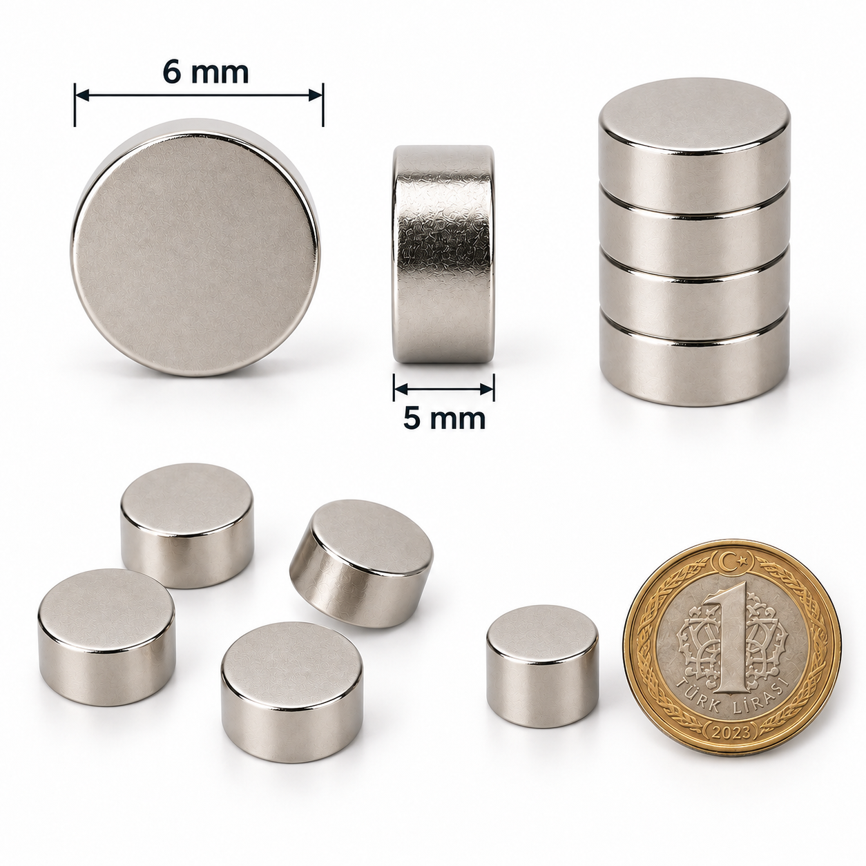 6x5 mm Yuvarlak Güçlü Neodyum Mıknatıs (Çap 6mm Kalınlık 5mm)