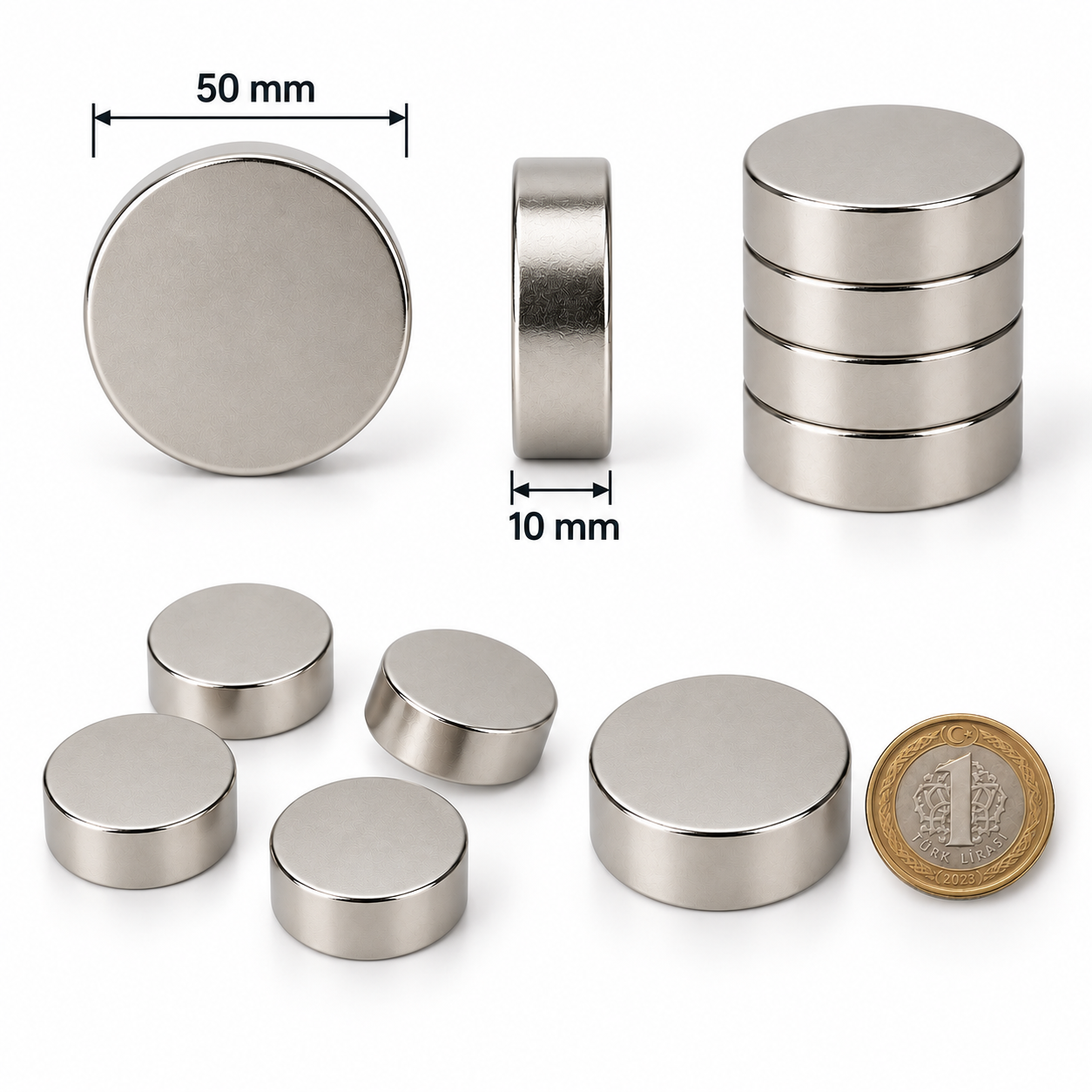 50x10 mm Yuvarlak Güçlü Neodyum Mıknatıs (Çap 50 mm Kalınlık 10 mm)